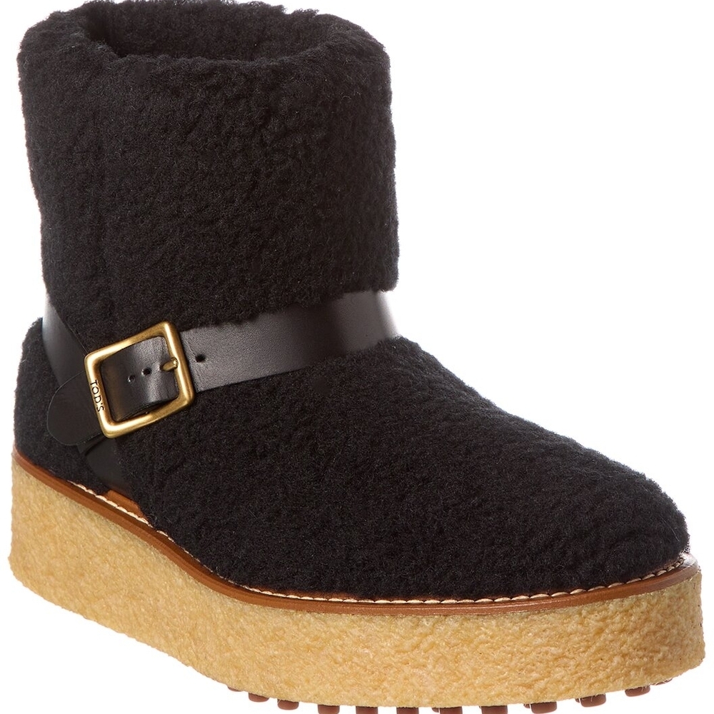 Tod's Black Shearling Ankle Boot with Gold Buckle